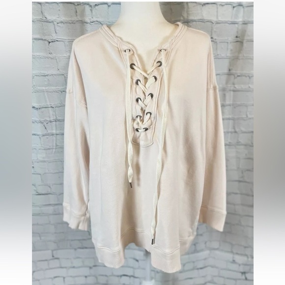 Real Good Aerie oversized lace up crew sweatshirt Pale Pink Woman’s Size L cute - Picture 2 of 16